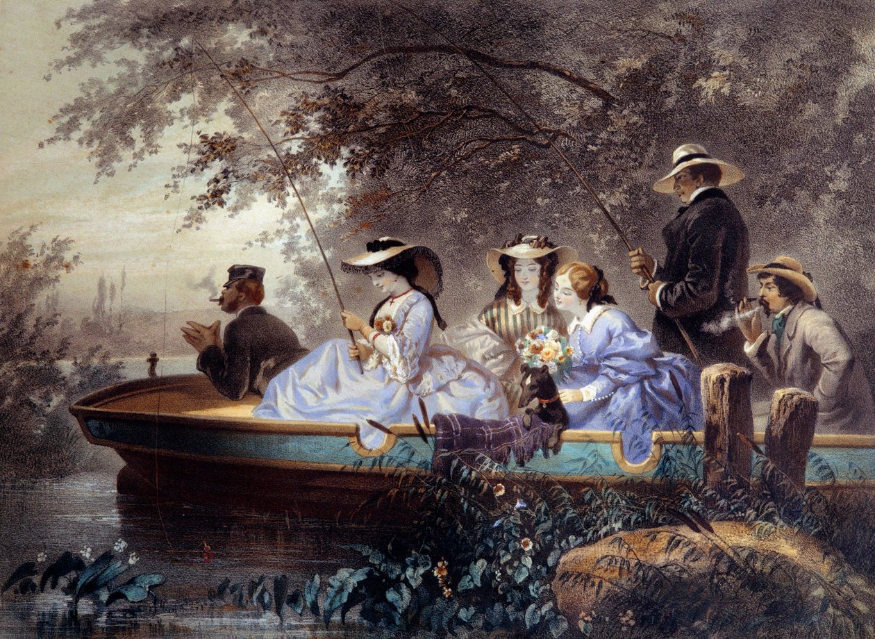 Neděle s rodinou, rybaření v řece Litografie Eugena Guerarda (1821-1866) Paříž 19. století, Musee Carnavalet od Eugene Charles Francois Guerard