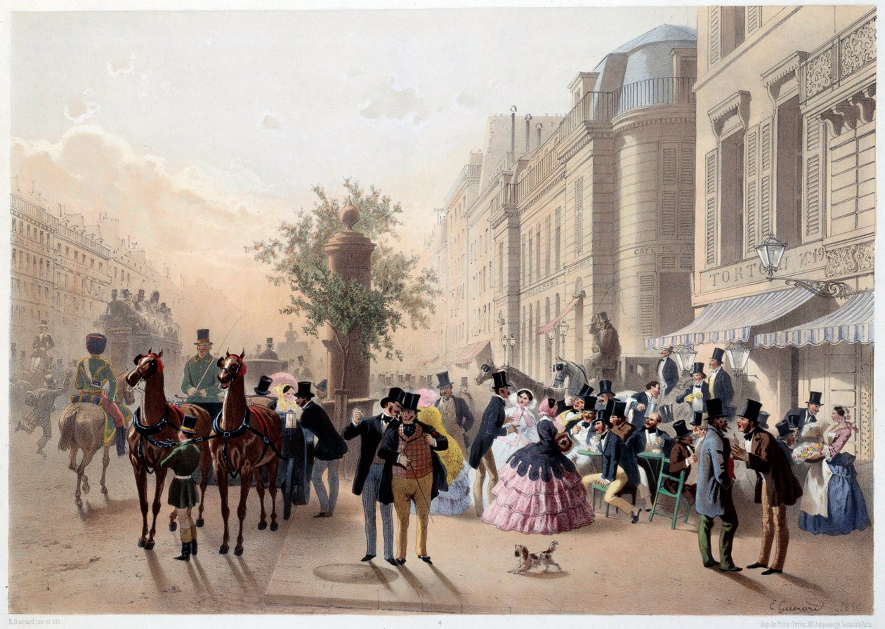 Boulevard des Italians, Cafe Tortoni v Paříži v 19. století Rytina Eugena Guerarda od Eugene Charles Francois Guerard