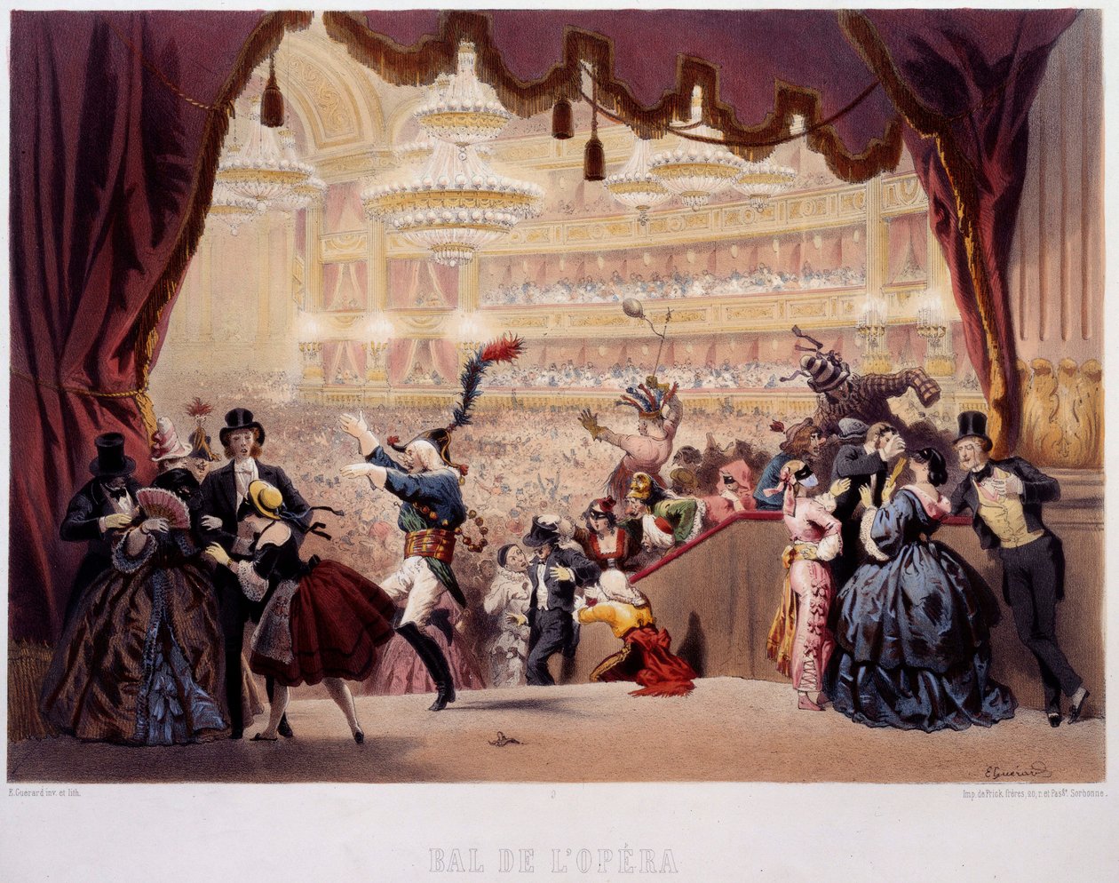 Ples masek Opery de la Rue Le Peletier v Paříži Tento ples se jmenoval Grand Veglione. Litografie Eugena von Guerarda (1811-1901) Paříž 19. století, Musee Carnavalet od Eugene Charles Francois Guerard
