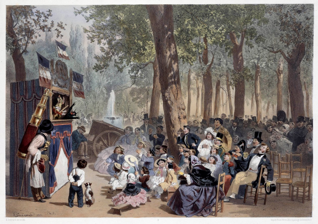 Přehlídka guignolů na Champs Elysees v Paříži v 19. století. Grafiky Eugena Guerarda (1821-1866) Paříž 19. století, Musee Carnavalet od Eugene Charles Francois Guerard