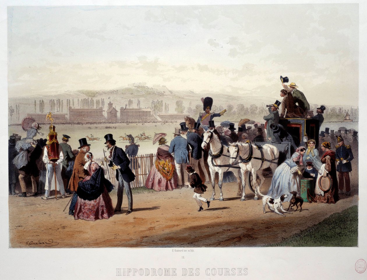 Pohled na dostihovou dráhu v Bois de Boulogne Litografie od Eugena Guerarda (1821-1866) 19. století. Paříž, Musee Carnavalet od Eugene Charles Francois Guerard