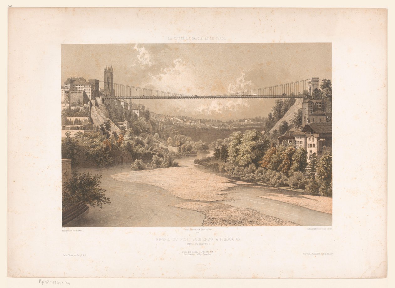 Gezicht op de hangbrug nad de Sarine, te Fribourg Švýcarsko Savojsko a Tyrolsko / Profil visutého mostu ve Fribourgu (kanton Fribourg) (název na objektu) od Eugene Ciceri