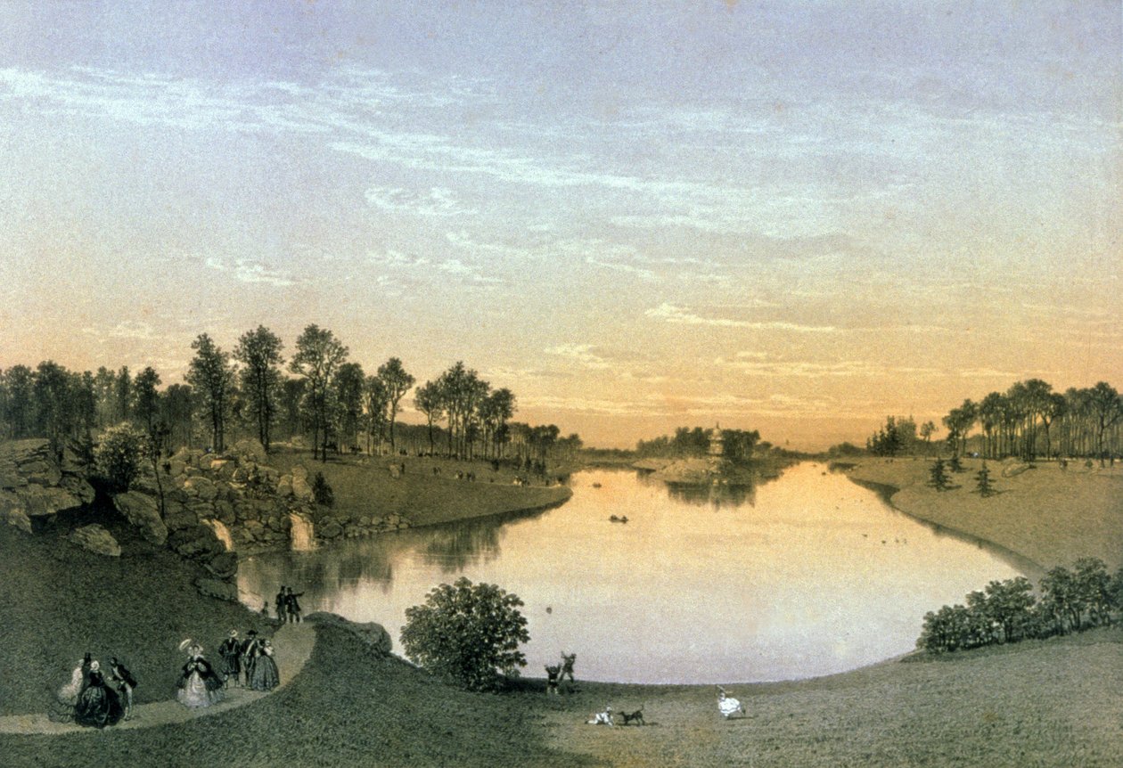 Jezero v Bois de Boulogne, kolem roku 1860 (rytina) od Eugene Ciceri