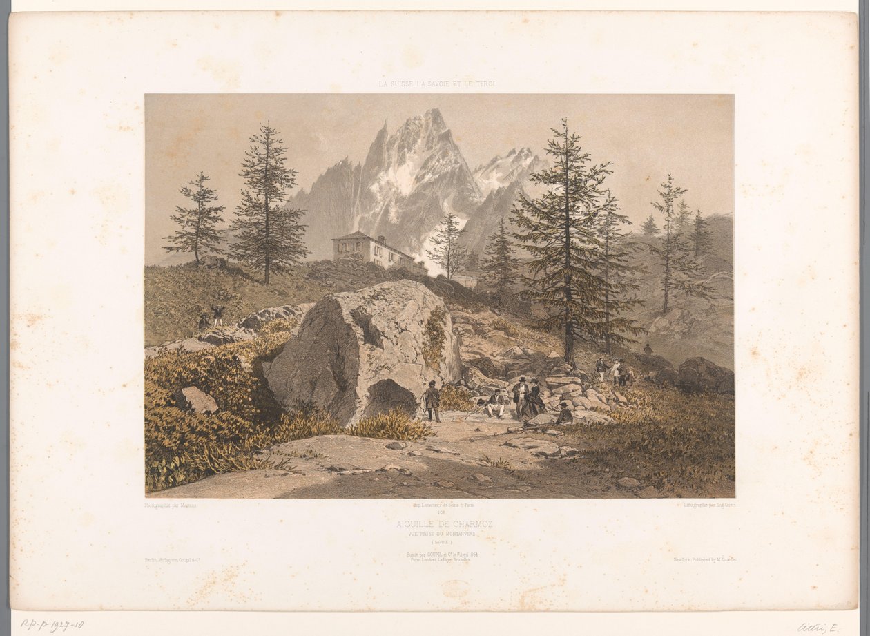Krajina s chodci a výhledem na Aiguille des Grands Charmoz Aiguille de Charmoz (název na objektu) Tváře ve Švýcarsku, Savojsku a Tyrolsku (název seriálu) La Suisse, la Savoie et le Tyrol (název série na objektu) od Eugene Ciceri