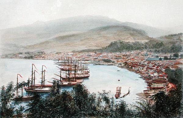 Pohled na Saint-Pierre z dělové baterie v Sainte-Marthe, Martinik (barevná litografie) od Eugene Ciceri