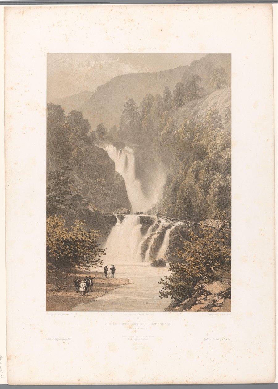 Pěší turisté s výhledem na vodopád Reichenbach Chateau inferior du Reichenbach (titul na objektu) Tváře ve Švýcarsku a Savoy (název série) La Suisse et la Savoie (název série na objektu) od Eugene Ciceri