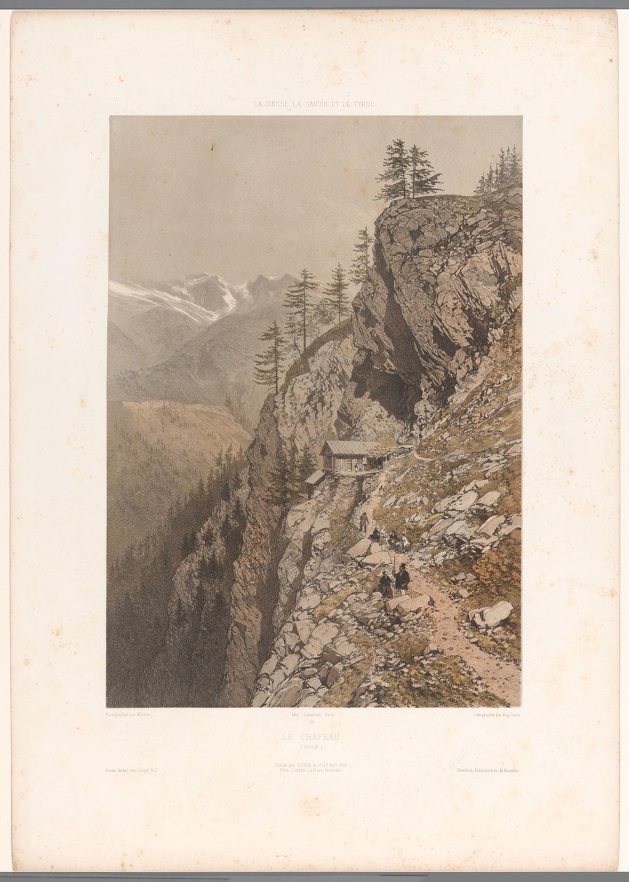 Turisté na horské stezce v Chamonix a Mont Blanc Le Chapeau (titul na objektu) Památky ve Švýcarsku, Savojsku a Tyrolsku (název série) La Suisse, la Savoie et le Tyrol (název série na objektu) od Eugene Ciceri