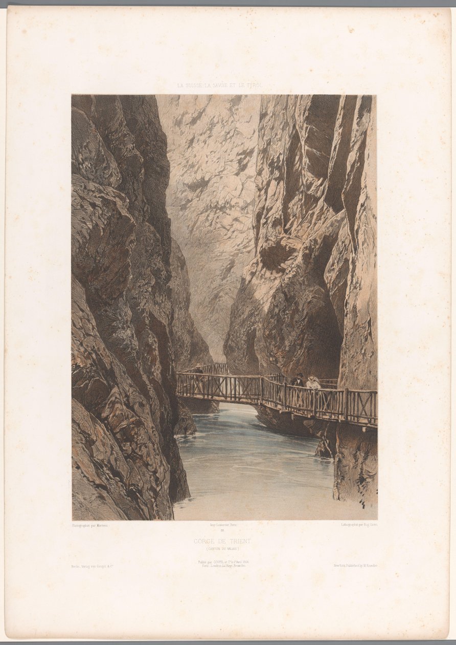 Pěší turisté na mostě přes Trientschlucht Gorge de Trient (název na objektu) Památky ve Švýcarsku, Savojsku a Tyrolsku (název série) La Suisse, la Savoie et le Tyrol (název série na objektu) od Eugene Ciceri