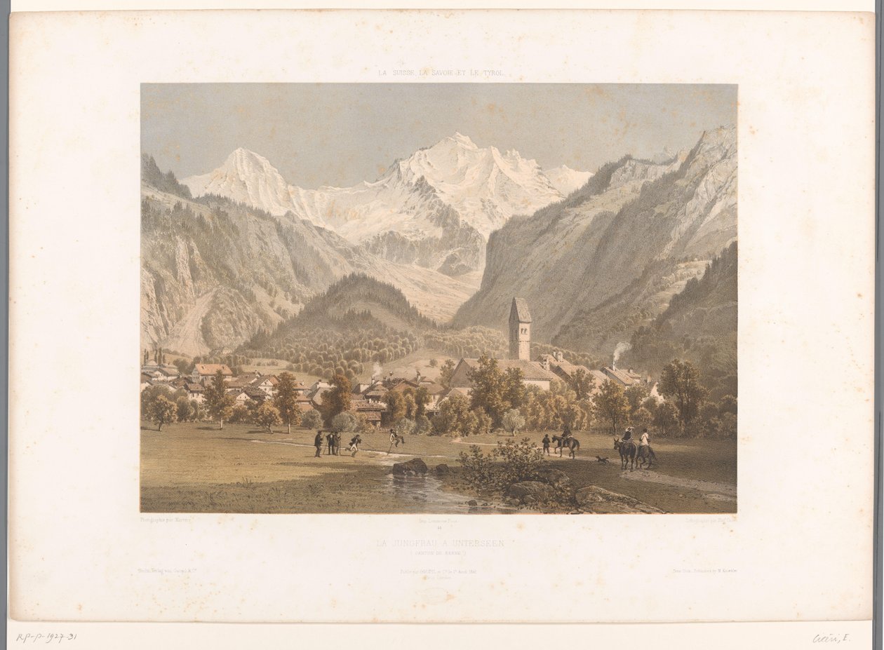 Pohled na Unterseen a Jungfrau La Jungfrau à Unterseen (název na objektu) Památky ve Švýcarsku, Savojsku a Tyrolsku (název série) La Suisse, la Savoie et le Tyrol (název série na objektu) od Eugene Ciceri