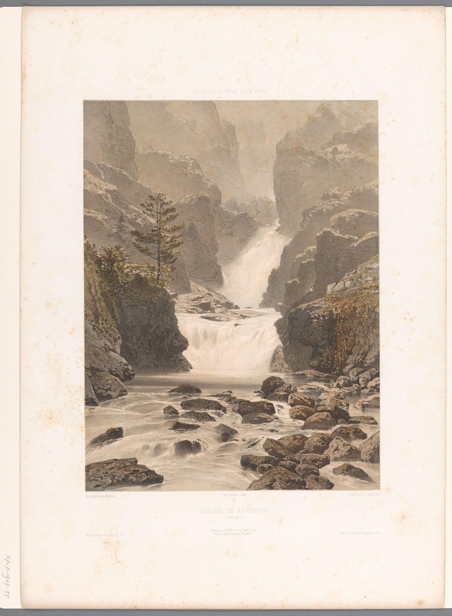Pohled na vodopád Barberine poblíž Vallorcine Cascade de Barberine (název na objektu) Památky ve Švýcarsku, Savojsku a Tyrolsku (název série) La Suisse, la Savoie et le Tyrol (název série na objektu) od Eugene Ciceri