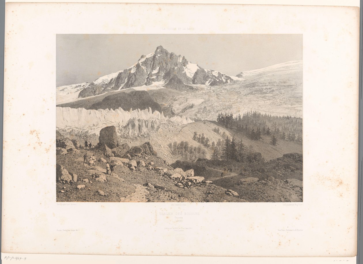 Pohled na ledovec Bossons v údolí Chamonix Glacier des Bossons, Chamonix (název na objektu) Tváře ve Švýcarsku a Savoy (název série) La Suisse et la Savoie (název série na objektu) od Eugene Ciceri