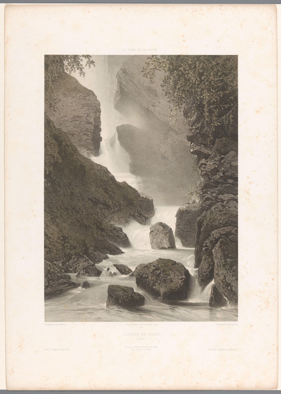 Pohled na vodopád Chède Cascade de Chède (název na objektu) La Suisse et la Savoie (název série) Tváře ve Švýcarsku a Savojsku (název série na objektu) od Eugene Ciceri
