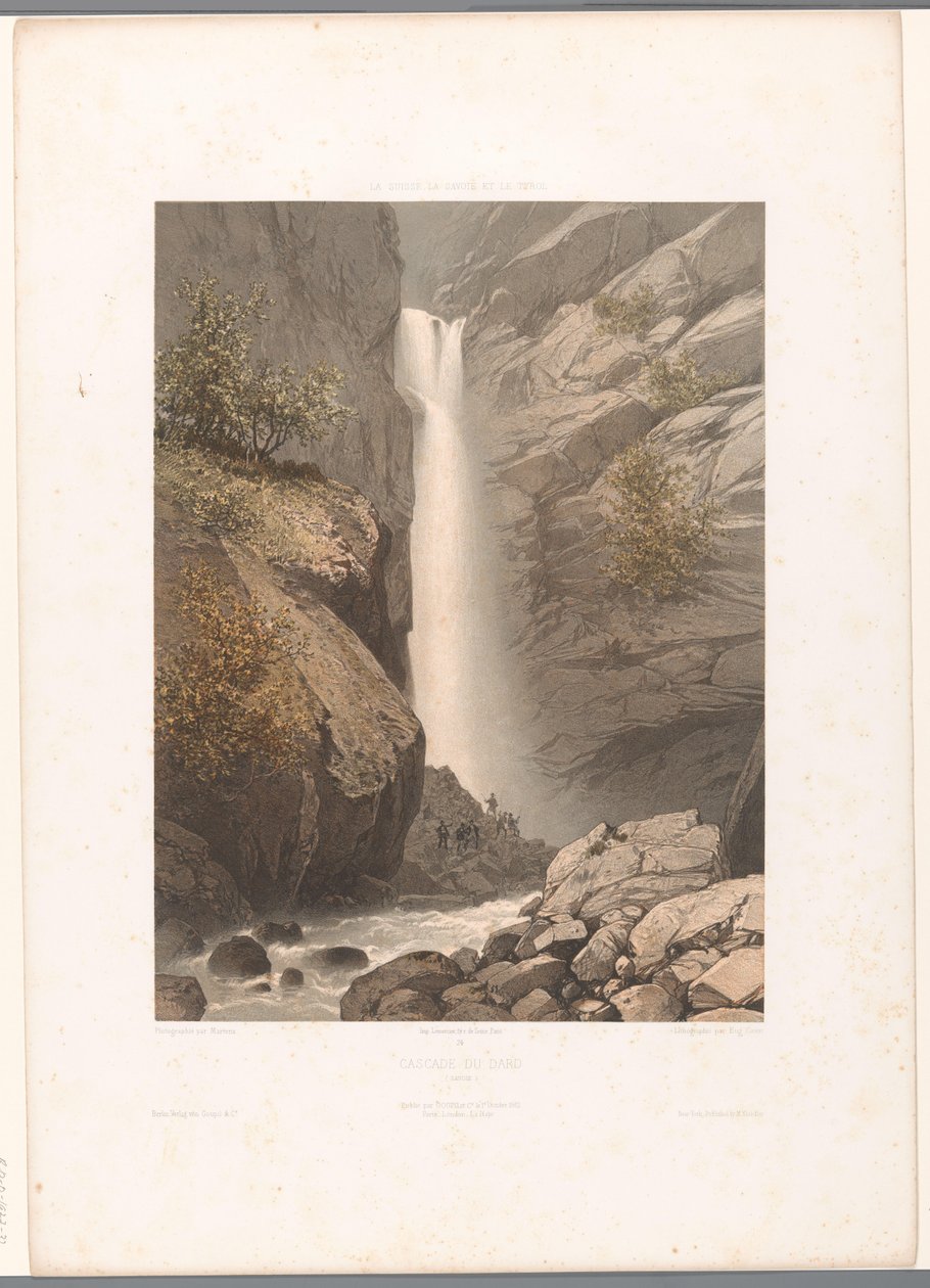 Pohled na vodopád Dard Cascade du Dard (název na objektu) Památky ve Švýcarsku, Savojsku a Tyrolsku (název série) La Suisse, la Savoie et le Tyrol (název série na objektu) od Eugene Ciceri