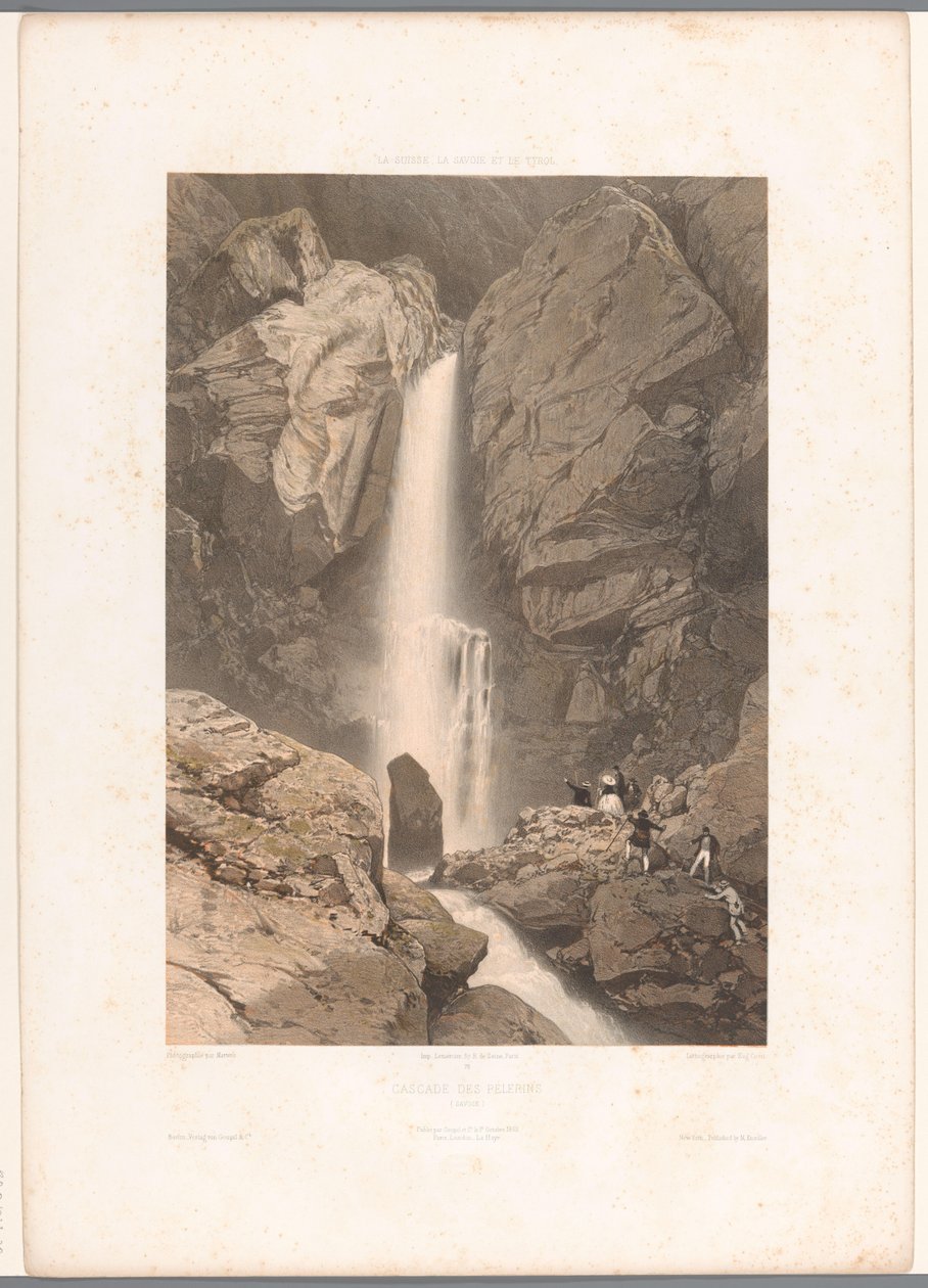 Pohled na vodopád Pélerins Cascade des Pelerins (název na objektu) Tváře ve Švýcarsku, Savojsku a Tyrolsku (název seriálu) La Suisse, la Savoie et le Tyrol (název série na objektu) od Eugene Ciceri