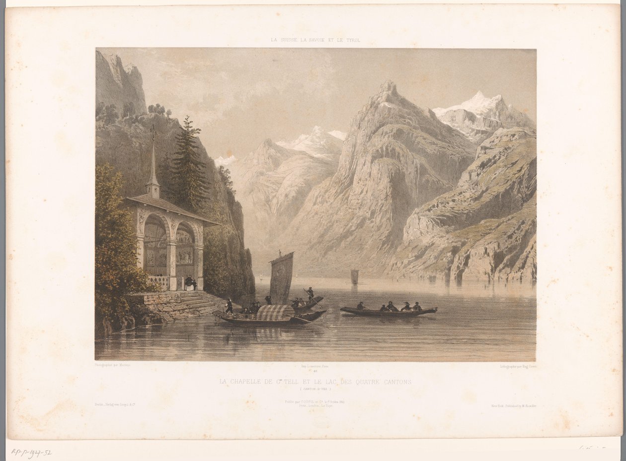 Pohled na kapli Tells na jezeře Lucerne La Chapelle de G.me Tell et le lac des Quatre-Cantons (název na objektu) Památky ve Švýcarsku, Savojsku a Tyrolsku (název série) La Suisse, la Savoie et le Tyrol (název série na objektu) od Eugene Ciceri