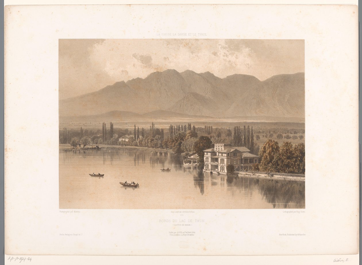 Pohled na břehy jezera Thun Bords du Lac de Thun (název na objektu) Památky ve Švýcarsku, Savojsku a Tyrolsku (název série) La Suisse, la Savoie et le Tyrol (název série na objektu) od Eugene Ciceri