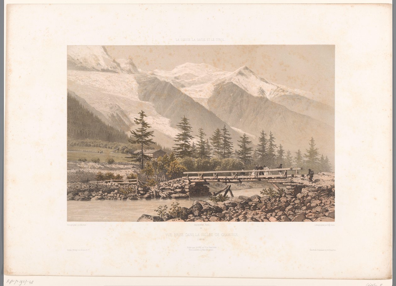 Pohled na údolí Chamonix s řekou Arve Cena Vue dans la Vallée de Chamonix (název na objektu) Památky ve Švýcarsku, Savojsku a Tyrolsku (název série) La Suisse, la Savoie et le Tyrol (název série na objektu) od Eugene Ciceri