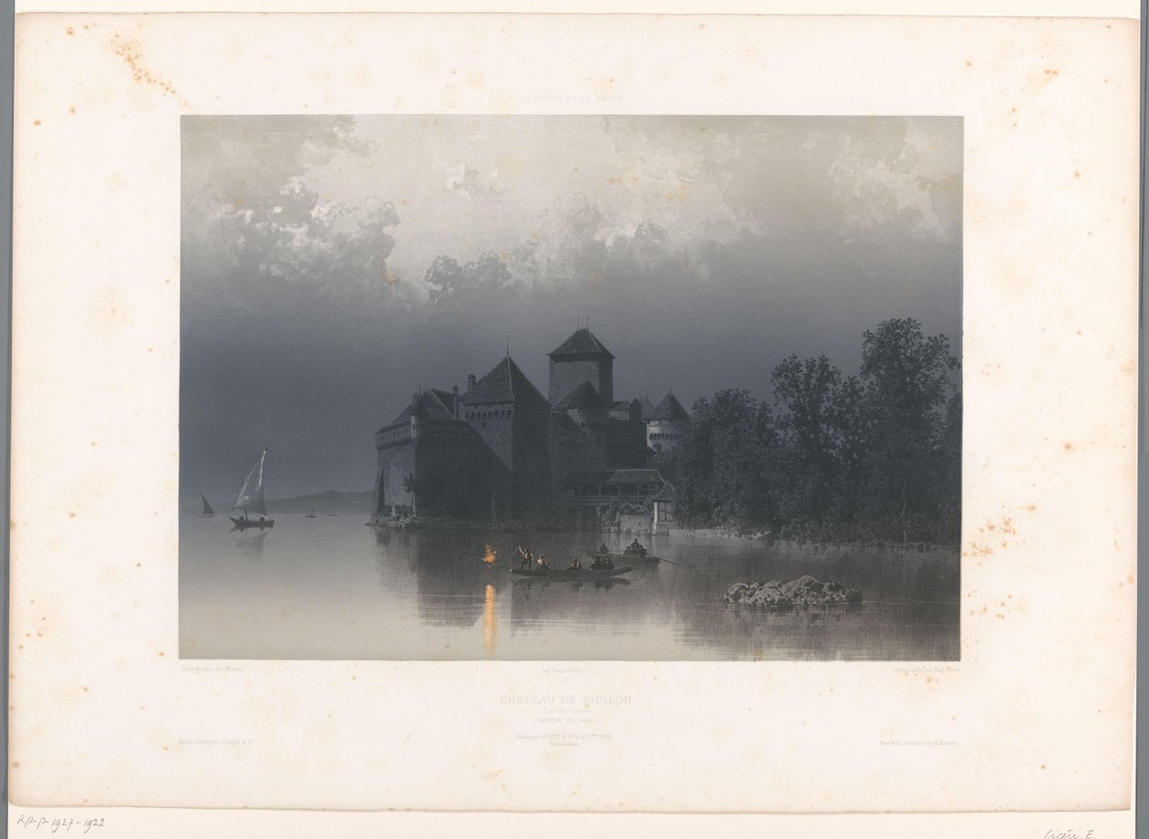 Pohled na hrad Chillon na Ženevském jezeře Château de Chillon (název na objektu) Tváře ve Švýcarsku a Savoy (název série) La Suisse et la Savoie (název série na objektu) od Eugene Ciceri
