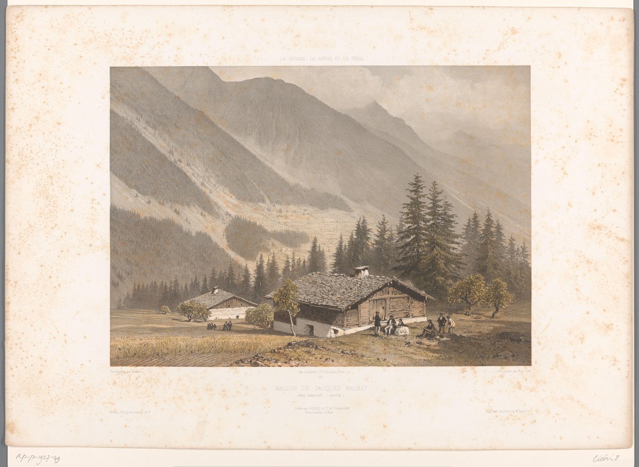 Pohled na dům Jacquese Balmata poblíž Chamonix Maison de Jacques Balmat (název na objektu) Tváře ve Švýcarsku, Savojsku a Tyrolsku (název seriálu) La Suisse, la Savoie et le Tyrol (název série na objektu) od Eugene Ciceri