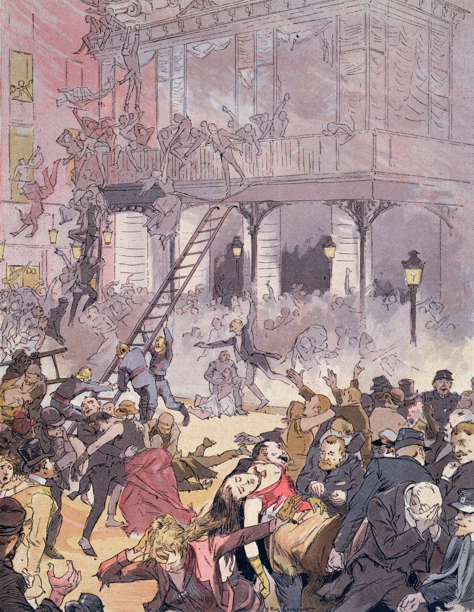 Požár v Opeře Comique, 25. května 1887 (barevné lito) od Eugene Courboin