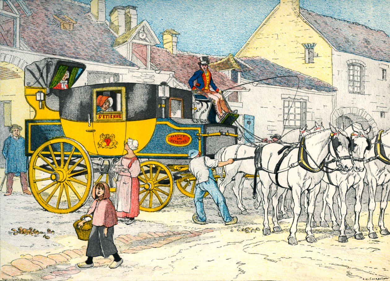 Poštovní autobus v kočovně v roce 1840 od Eugene Courboin