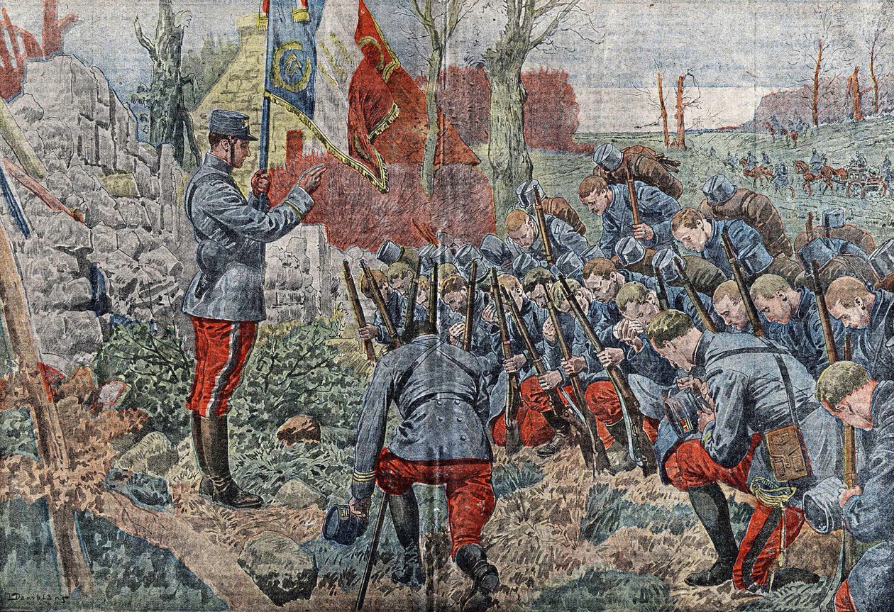 Kněz s vlajkou dává rozhřešení důstojníkům a vojákům svého pluku, když vyrazili do útoku. V „Le pelerin““ z roku 1915. od Eugene Damblans