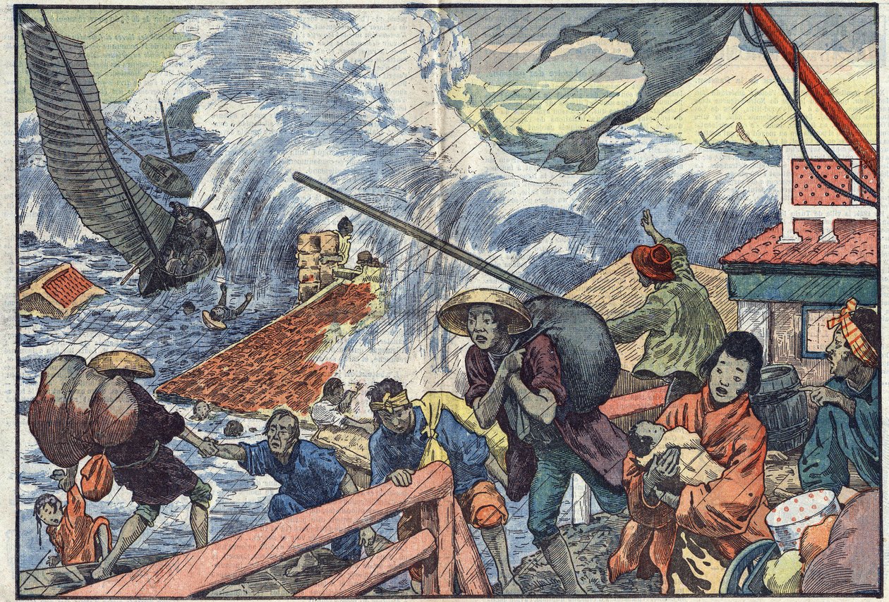 Maree raz a tajfun zasáhly Japonsko. Ilustrace Damblans. V „“Le Pelerin““ 2. října od Eugene Damblans