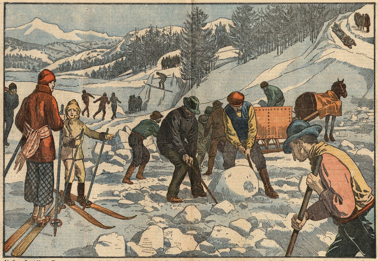 Obyvatelé Alp sbírají v zimě na léto ledové bloky. V pozadí muži provozují zimní sporty. Ilustrace Damblans. V „“Le Pelerin““ z 18. prosince od Eugene Damblans