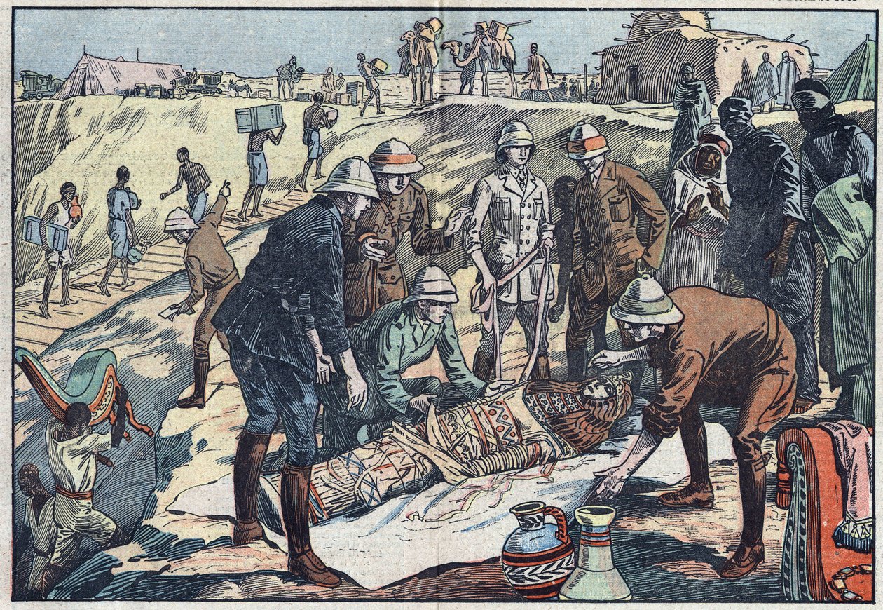 Anglická mise, pověřená hrabětem Byronem de Prorok (1896-1954), archeologem, objevila hrobku Tin-Hahan v Hoggaru. Ilustrace Damblans. V „Le Pelerin“ z 20. prosince 1925. od Eugene Damblans
