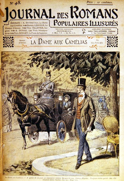 Armand potkává Markétu na Champs-Elysées, ilustrace k "La Dame aux Camelias" od A. Dumase fils v "Journal des Romans". od Eugene Damblans