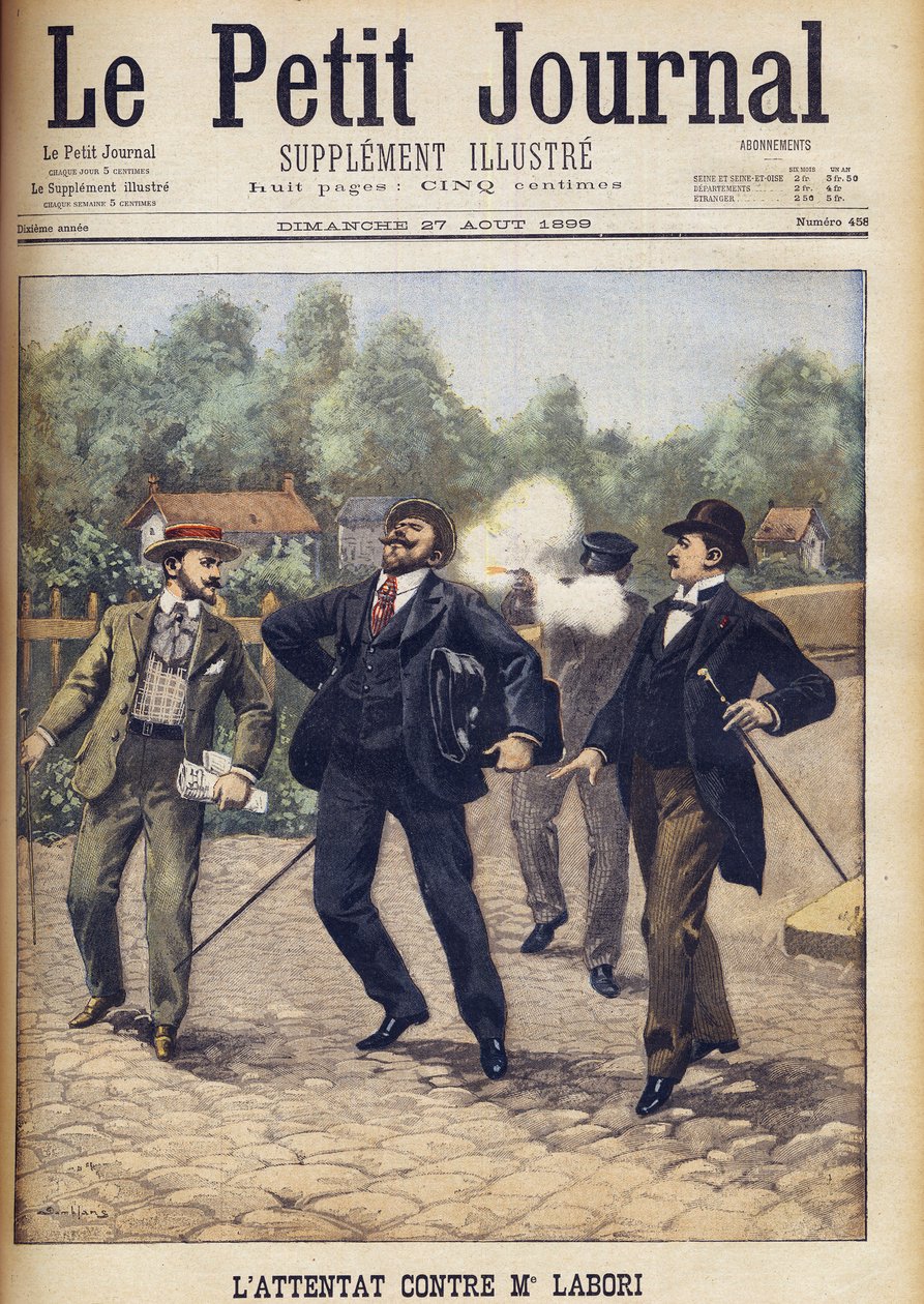 Pokus o atentát na Fernanda Laboriho, jednoho z právníků obhajujících Alfreda Dreyfuse u jeho druhého válečného soudu v Rennes „Le Petit Journal“, srpen 1899. od Eugene Damblans