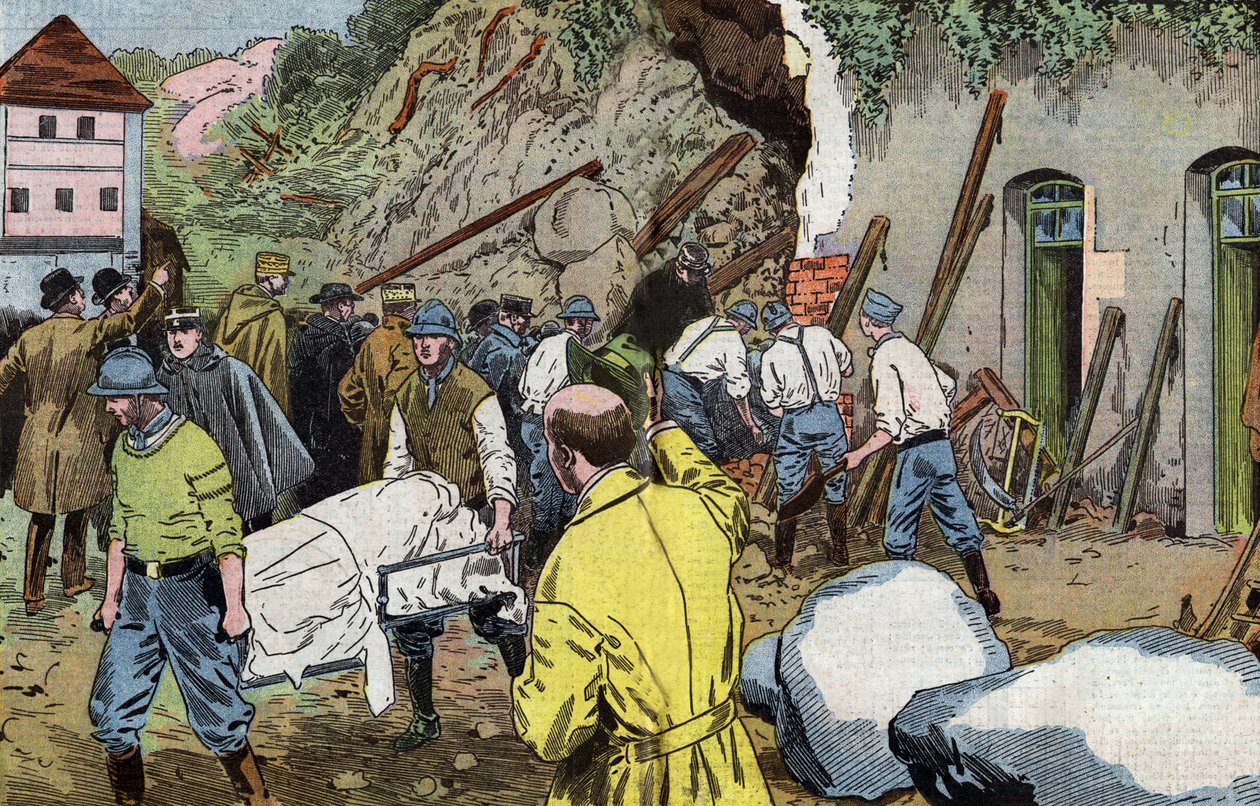 Tělo amerického generála Dunlopa je mrtvé, protože zachránil paní Briantovou při zřícení hospodářských budov zámku Fariniere (Francie), kresba Damblans z francouzského papíru "Le Pelerin" 7. června od Eugene Damblans