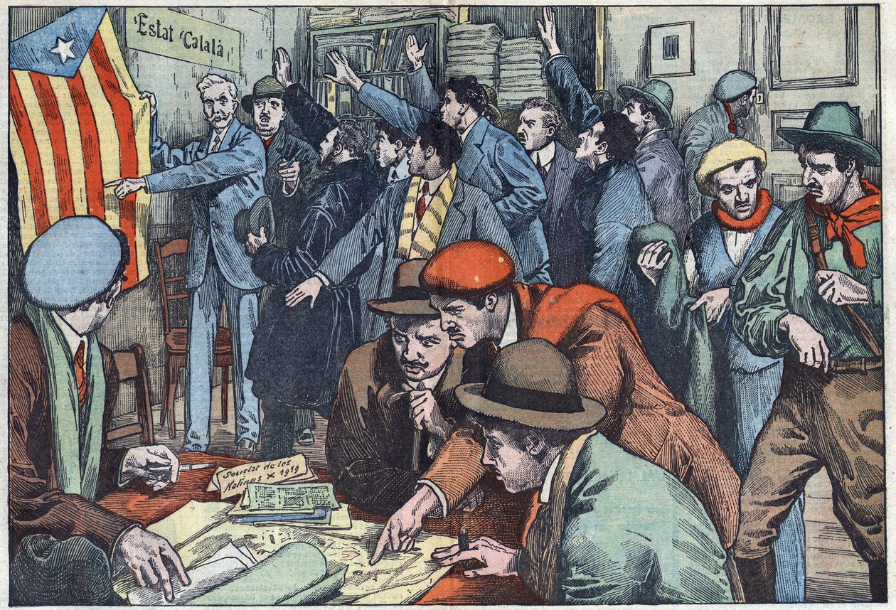 Katalánští separatisté připravují své spiknutí v Paříži. Ilustrace Damblans. V „Le Pelerin“ z 28. listopadu od Eugene Damblans