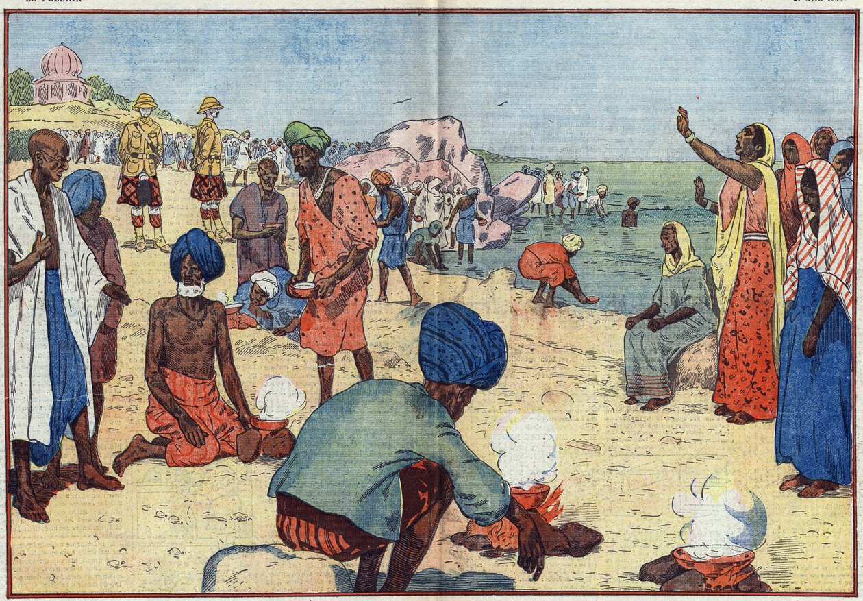 Týden občanské neposlušnosti v Indii proti Britskému impériu: Na pláži Bombay Gándhí (1869-1948) a jeho příznivci vaří mořskou vodu, aby získali sůl v rozporu se zákonem Gabelle. Ženy je povzbuzují opakováním tohoto refrénu: „Porušte, porušte zákon soli, od Eugene Damblans