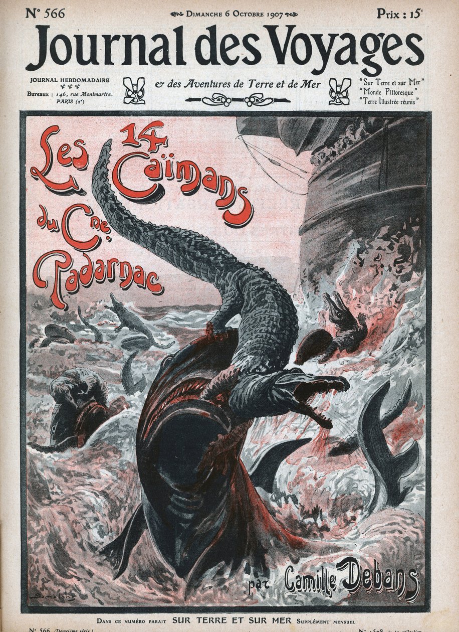 Krokodýli požírají žraloci. Ilustrace Damblans „Čtrnáct kajmanů kapitána Padarnaca““ od Camille Debans (1834-1910). Noviny. Rytina v „“ Journal des Voyages““ z roku 1907. od Eugene Damblans