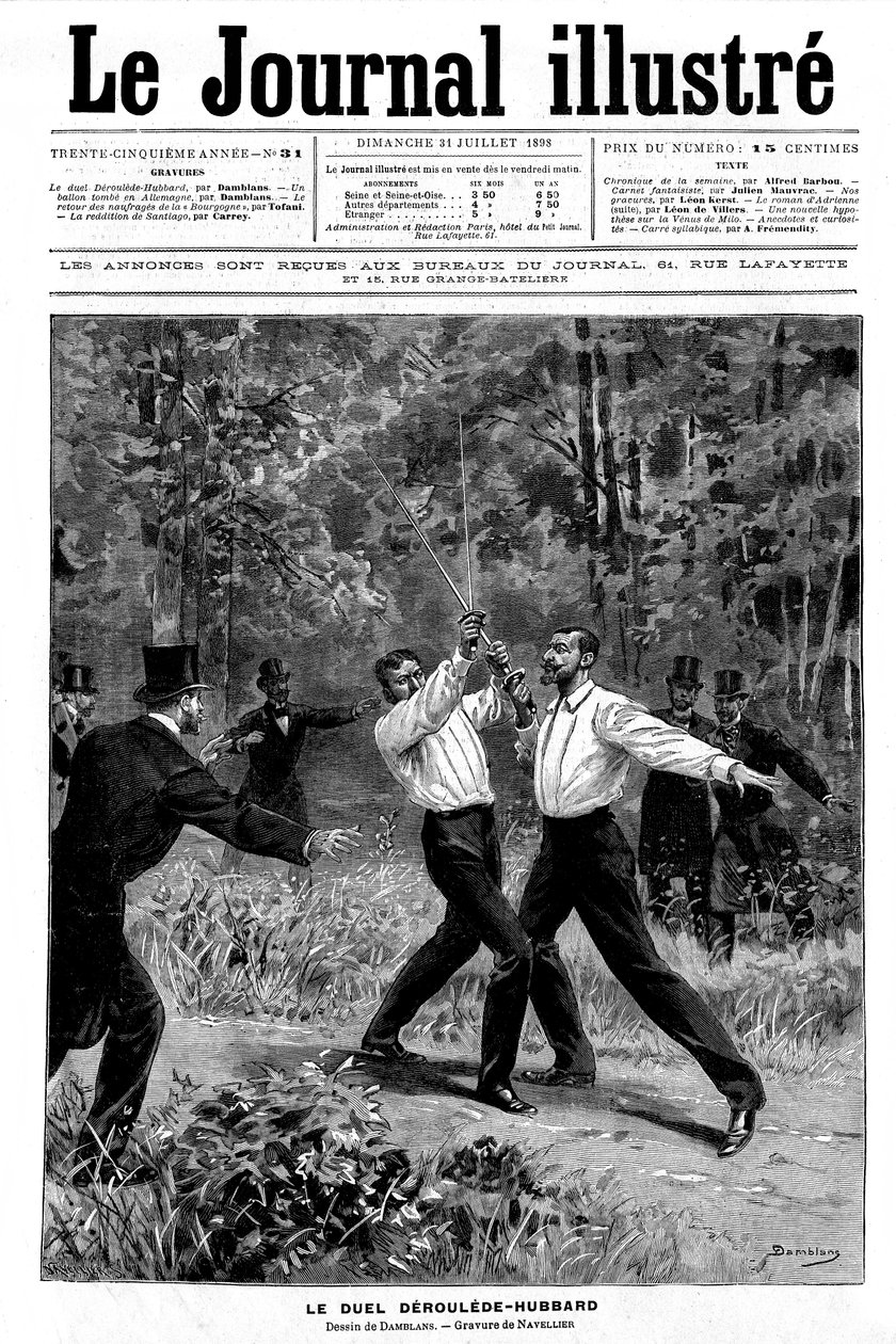 Rytina Damblans na „jednom“ z Journal Illustrous N¡ 31 z 31. července 1898: souboj mečem mezi Paulem Derouledem (1846-1914) a Gustavem Hubbardem (1858-1927) - svědci zasáhli - od Eugene Damblans