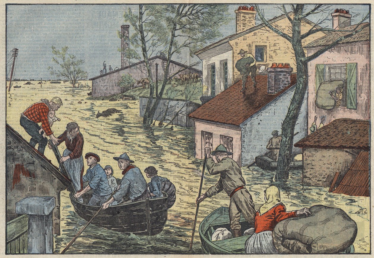 Povodně v Louisianě (USA): Před hrozivými vlnami Mississippi jsou farmáři a lovci nuceni opustit své domovy a pole. Ilustrace Damblans. V „Le Pelerin“ z 15. května od Eugene Damblans