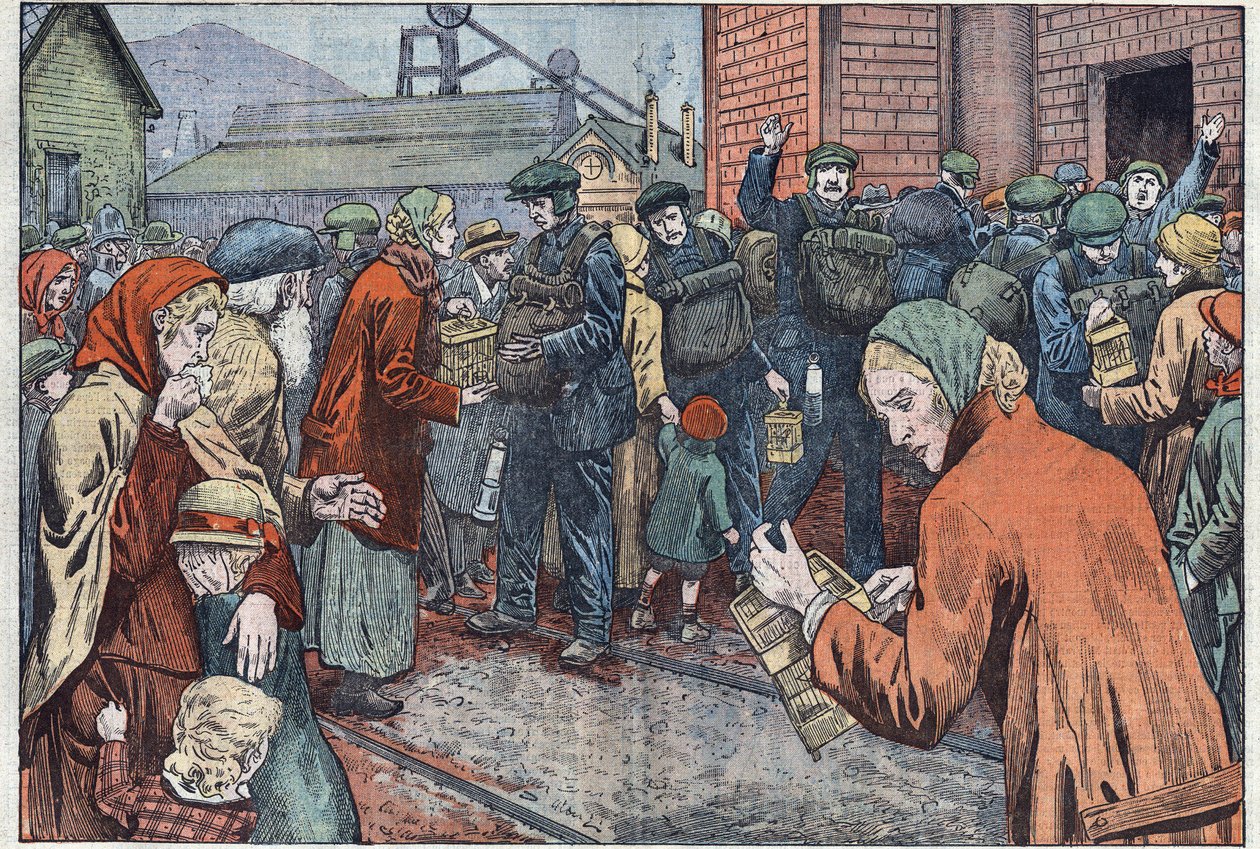 Po explozi v dole Cwn (Wales) přinesly ženy horníků své kanárky, aby zachránili důlní plyn. Ilustrace Damblans. V „Le Pelerin“ z 20. března od Eugene Damblans