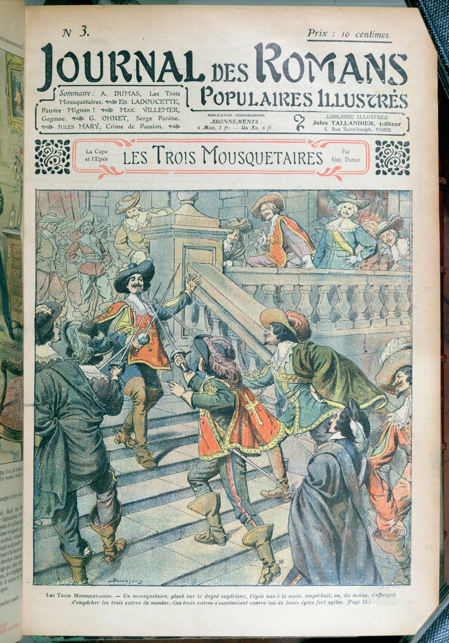 Přední strana obálky serializace Tří mušketýrů od Alexandra Dumase pere (1803-70) z Journal des Romans Populaires Illustres, 1905 od Eugene Damblans