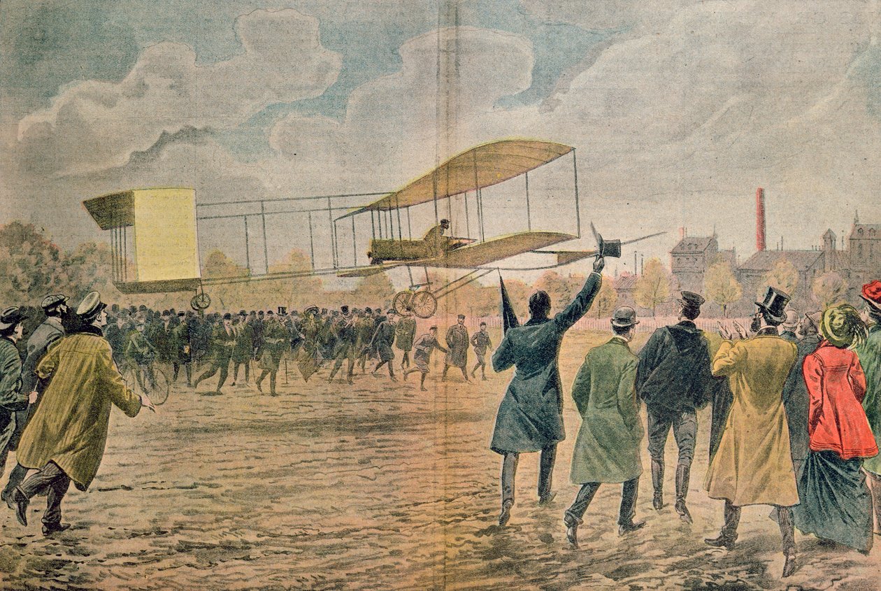 Henri Farman (1874-1958) v Issy-les-Moulineaux ve svém letadle Voisin-Farman 1, ilustrace z „Le Pelerin“ z listopadu 1907 od Eugene Damblans