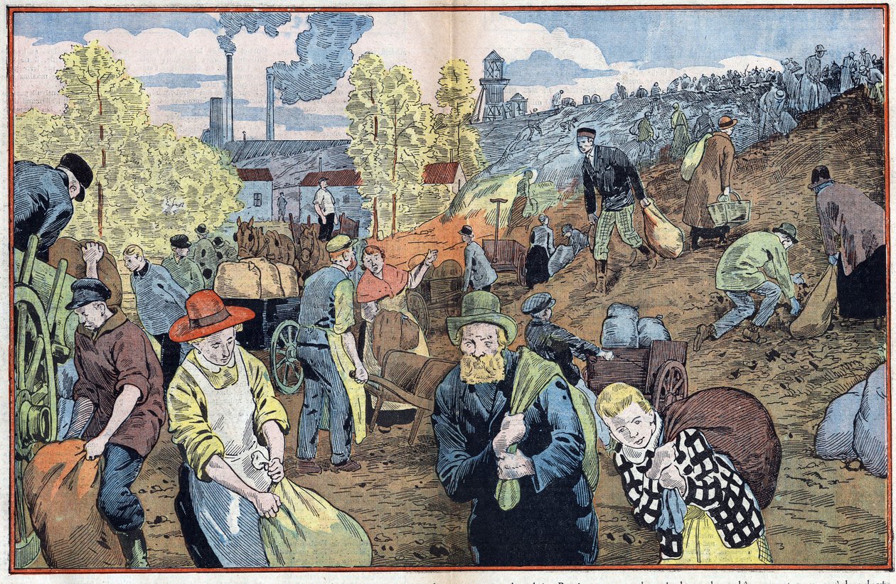 Lovci hledají kusy uhlí mezi kameny vytěženými z dolů, aby se během zimy zahřáli. Oblast Rhu, Německo. Ilustrace Damblans. V „“Le Pelerin““ ze 4. října od Eugene Damblans