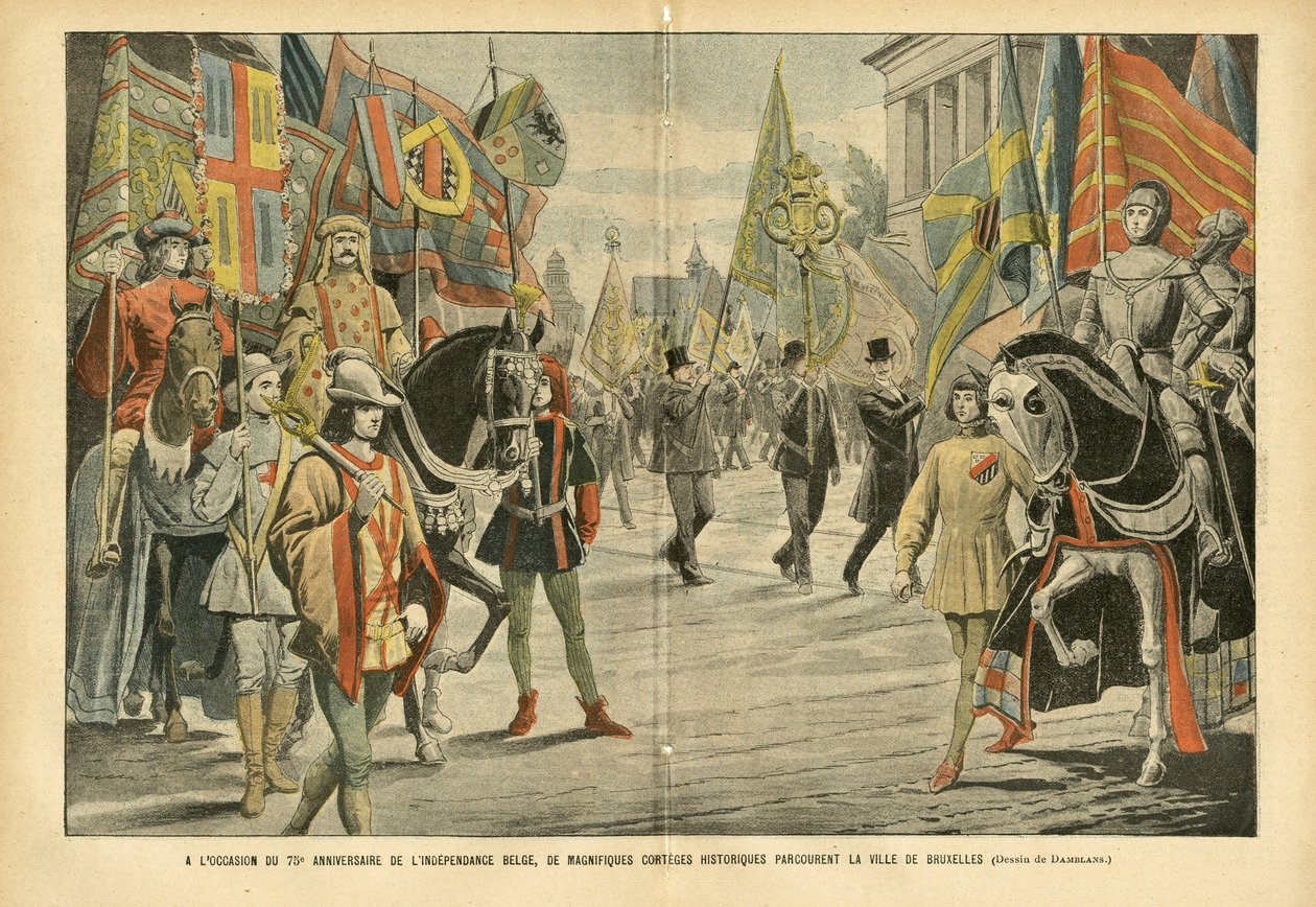 Ilustrace Eugene Damblans (1865-1945) v Le Pelerin, 06.08.05 - U příležitosti 70. výročí belgické nezávislosti putují velkolepé historické průvody městem Brusel - Belgie, Historie, Vlajky, Brusel, Commemoratio od Eugene Damblans