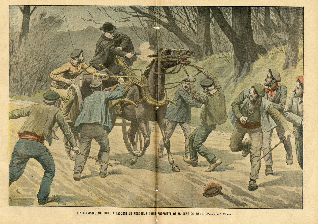 Ilustrace Eugene Damblans (1865-1945) v Le Pelerin, 31/01/04 - Zemědělští grevisté napadli správce nemovitosti M. Sere de Riviere - Sociální, Různá fakta, Greve, Doprava, Zemědělství, Les, Caleche Fiacre Cab - Dělník, Koně, od Eugene Damblans