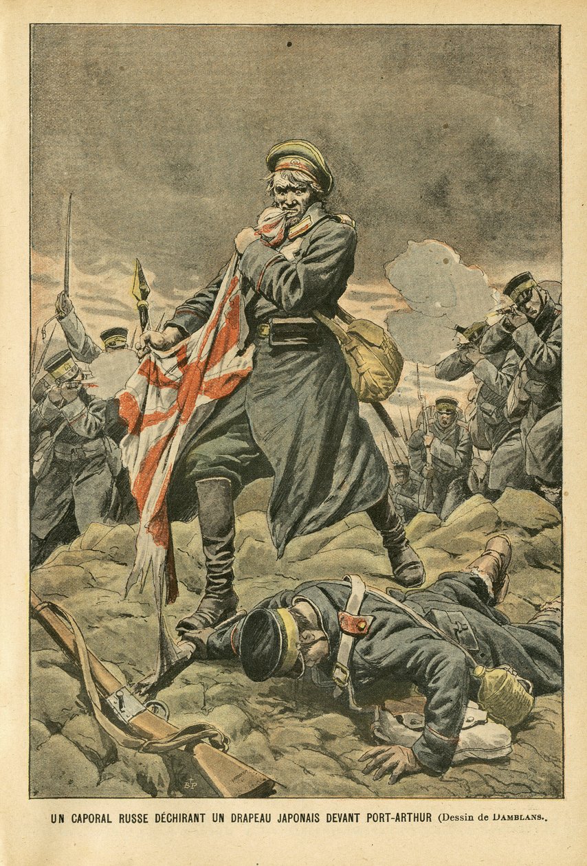 Ilustrace Eugene Damblans (1865-1945) v Le Pelerin, 01.01.05 - Ruský desátník trhající japonskou vlajku před Port Arthurem - Rusko, Japonsko, Port Arthur, Rusko-japonská válka, Boj, Pušky - Vojáci, Desátník od Eugene Damblans
