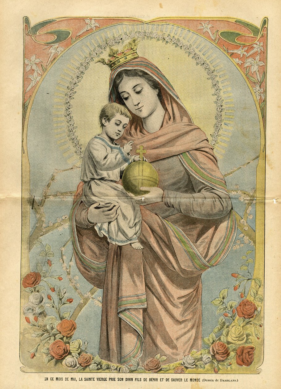 Ilustrace Eugene Damblans (1865-1945) v Le Pelerin, 01/05/04 - V tomto měsíci květnu se Svatá Panna modlí svého božského syna, aby požehnal a zachránil svět - Náboženství Víra, Květiny, Katolicismus - Ježíš, Marie od Eugene Damblans