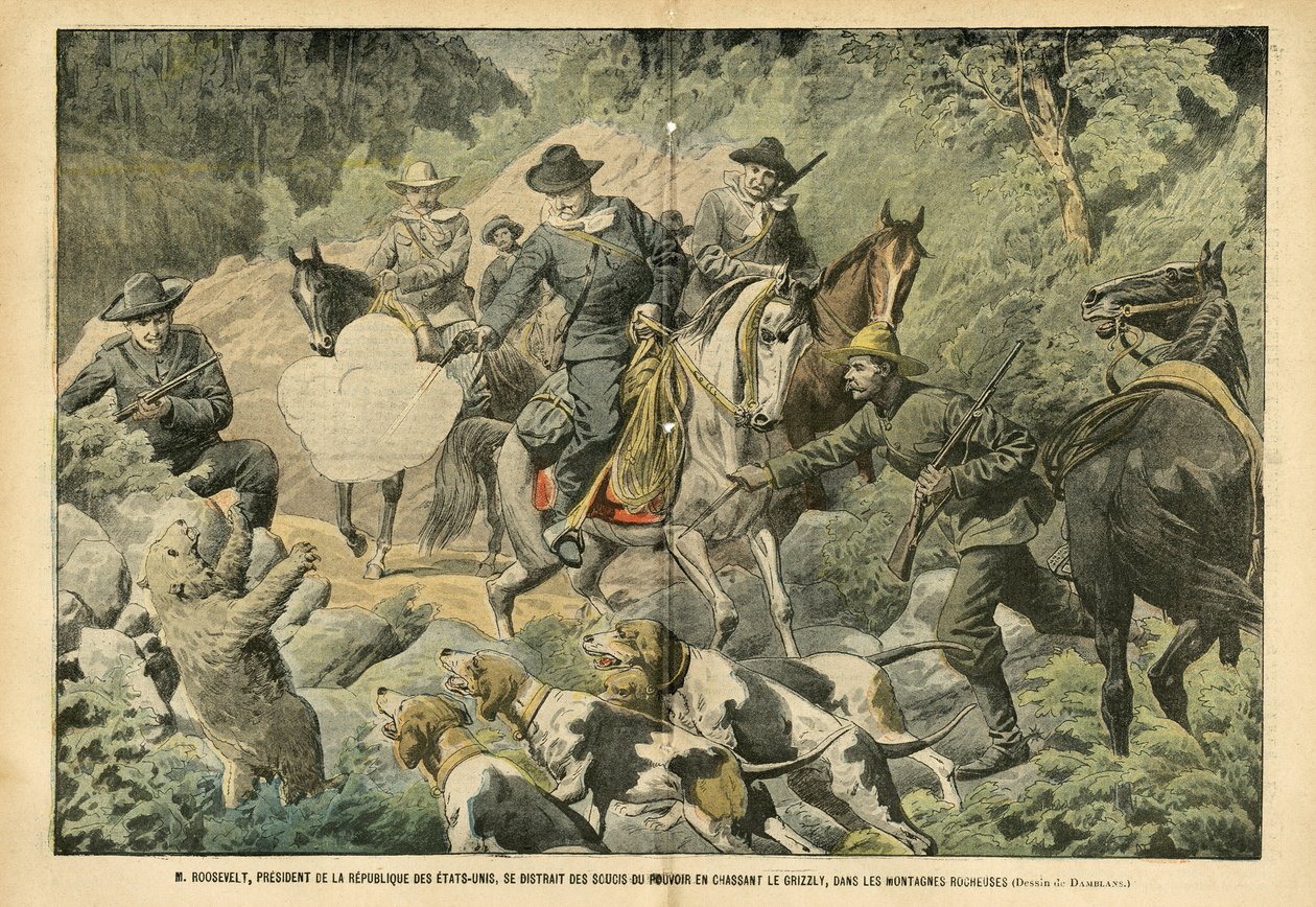 Ilustrace Eugene Damblans (1865-1945) v Le Pelerin, 2.7.2005 - Roosevelt, prezident Spojených států, odvrácený od obav o moc lovem medvědů grizzly ve skalnatých horách - Amerika USA, Lov USA, Skalnaté hory - pes, medvěd, od Eugene Damblans
