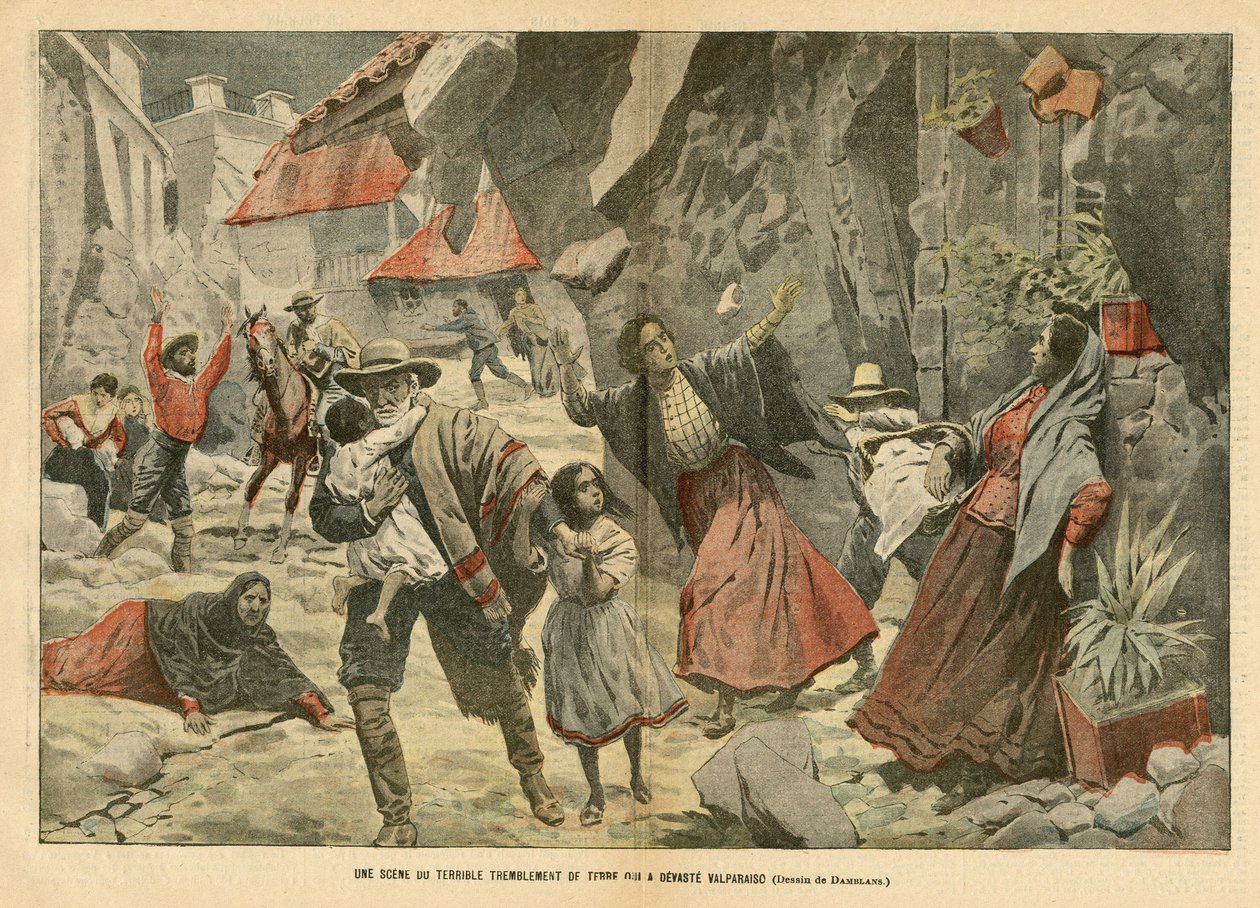 Ilustrace Eugena Damblanse (1865-1945) v Le Pelerin, 02/09/06 - Scéna strašlivého zemětřesení - Miscellaneous facts, Latinská Amerika, Zemětřesení, Chile, Valpariso od Eugene Damblans