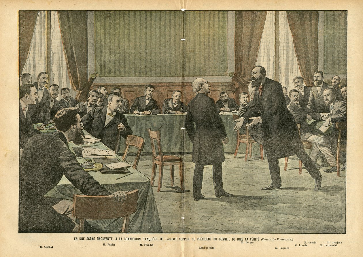 Ilustrace Eugene Damblans (1865-1945) v Le Pelerin, 3. 7. 2004 - V dojemné scéně u vyšetřovací komise M. Lagrave prosil předsedu Rady, aby řekl pravdu - Náboženství Faith, Vyšetřovací komise , Katolický katolicismus - Milion od Eugene Damblans