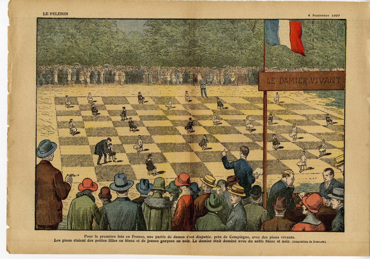Ilustrace Eugene Damblans (1865-1945) v Le Pelerin, 04/09/27 - Poprvé ve Francii hra dam... Živá šachovnice - hra, koníčky, dav, dáma od Eugene Damblans