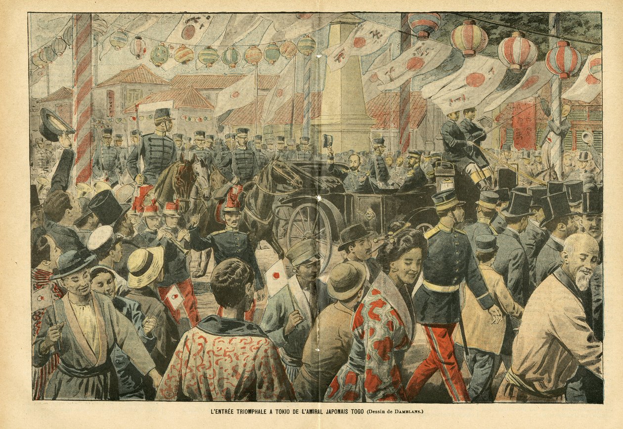 Ilustrace Eugene Damblans (1865-1945) v Le Pelerin, 5.11.05 - Triumfální vjezd japonského admirála Toga do Tokia - Armee, Japonsko, Dav, Tokio - Admiral Admirals, Togo Heihachiro (1848-1934), Civilisté od Eugene Damblans